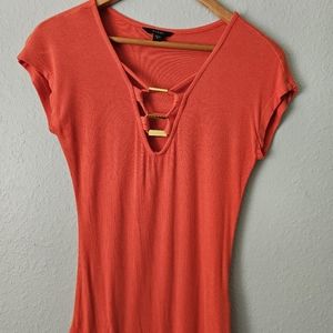 Guess Orange Ribbed Tee with Gold Bar Accents